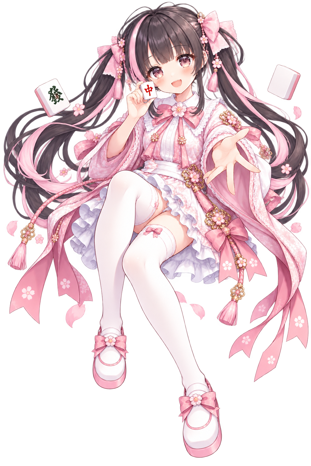 桜色の衣装で麻雀牌を手にする、すずなゆい